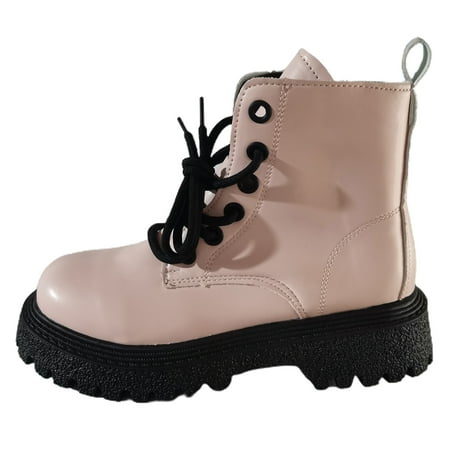 

Lovskoo 2024 Women s Middle Ankle Boots Round Toe Chunky Heel Plus-Size Solid Boots With Thick Heels Lace-Up Combat Boot Pink