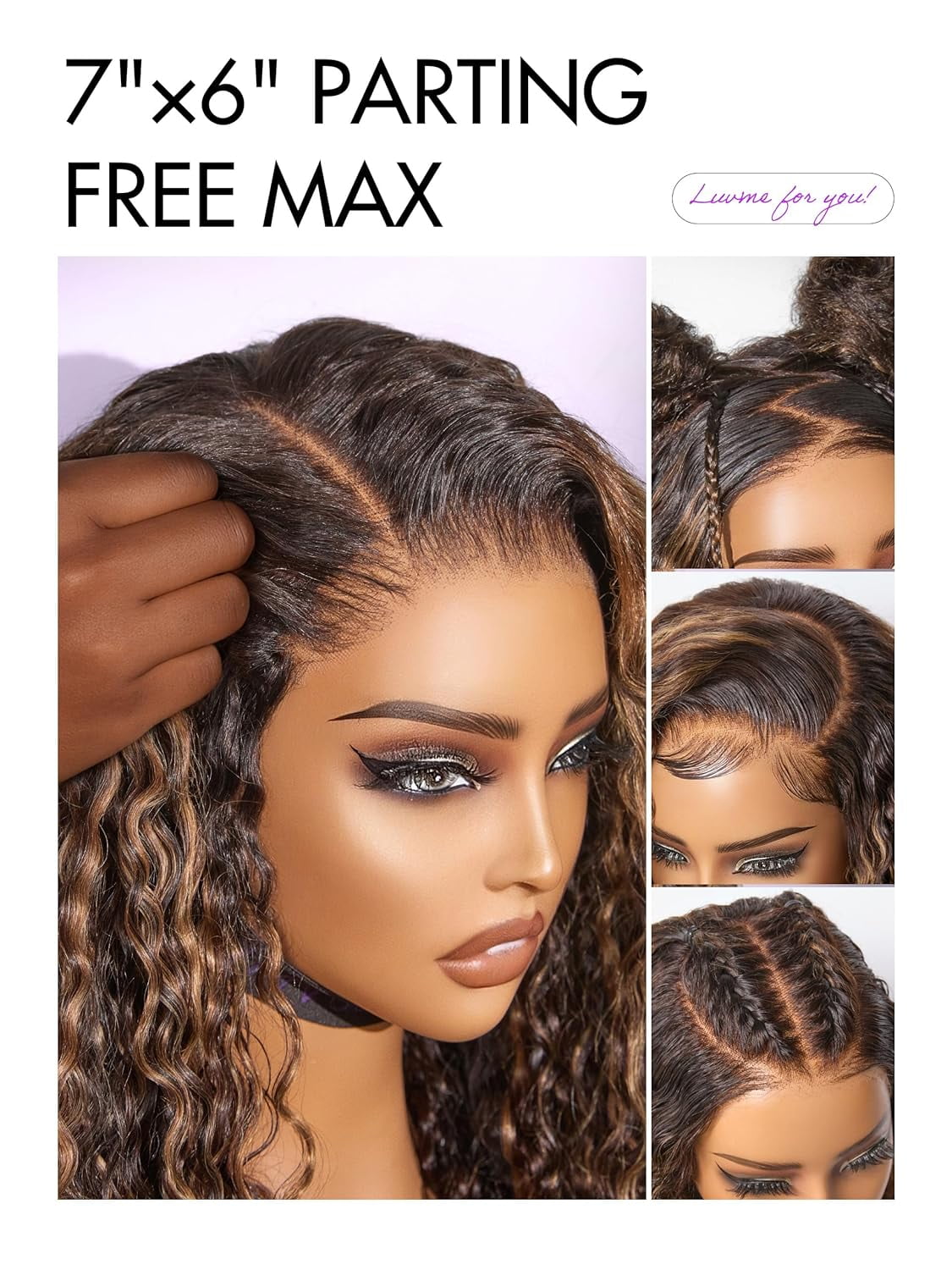LUVME 7x6 PartingMax HD Lace Front Wigs 22" Water Wave Human Hair Pre Cut Plucked Glueless Hlighlight Color