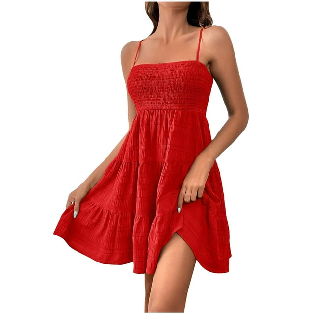 AherBiu Robe Bohème pour Femmes à Bretelles Spaghetti Smockées Sans Manches à Volants Fluide Tenue de Plage Robe Courte