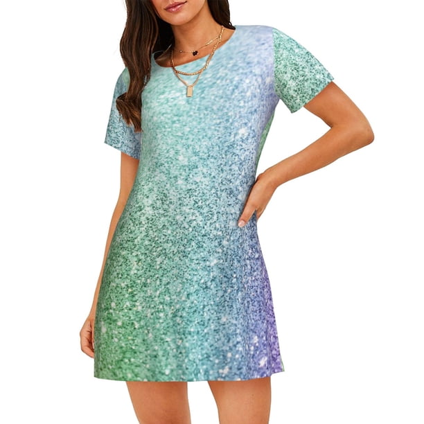 Fotbe Beautiful Glitter Bata de Dormir para Mujer con Estampado, Camisón de Algodón de Manga Corta, Ropa de Dormir Casual