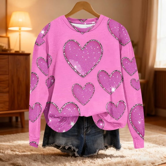 YueHuiYing Valentine's Day Fresh Light Pink Heart Print Women's Loose-Fit Crewneck Long-Sleeve Casual Hoodless Sweatshirt