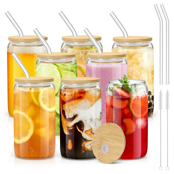 sungwoo Tasses en Verre avec Couvercles en Bambou et Pailles, Tasse à Café Glacé 16OZ, Ensemble de Tasses avec Couvercles en Bois, Essentiel pour la Maison