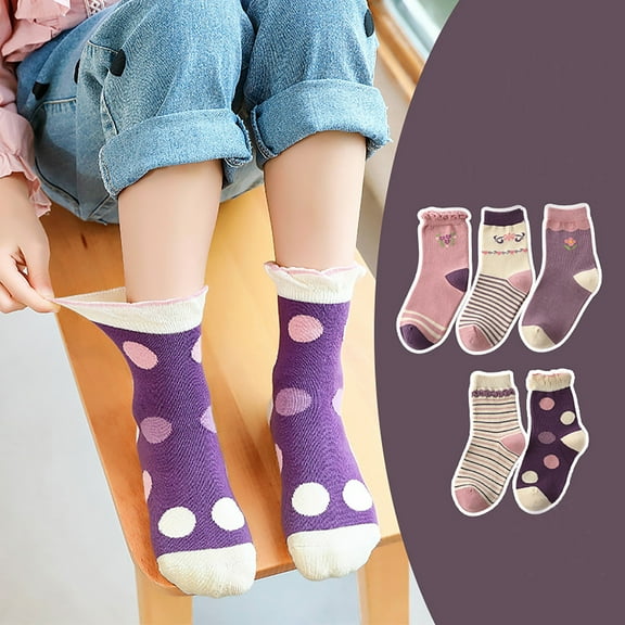 Spazoro Kids Girls Socks, Cotton Warm Cute Print Breathable 5 Pairs Students Socks for Girls Purple Size L