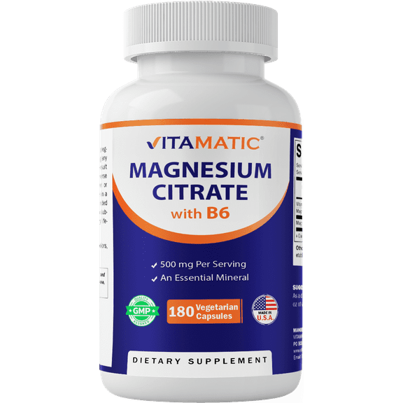 Vitamatic Magnesium Citrate 500mg per Serving - 180 Vegetarian Capsules (Provides 150 mg of Elemental Magnesium) - Added B6 for Maximum Absorption - Supports Muscle, Joint, and Heart Health*