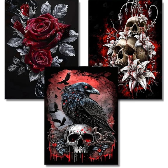 3 Pack Diamond Kits for Adults,5D Gothic Diamond Painting DIY Diamond Art Skeleton Diamond Painting Art Kit for Adult,Round Full Drill Diamonds, Diamond Art Kit for Home Decor-12x16inch