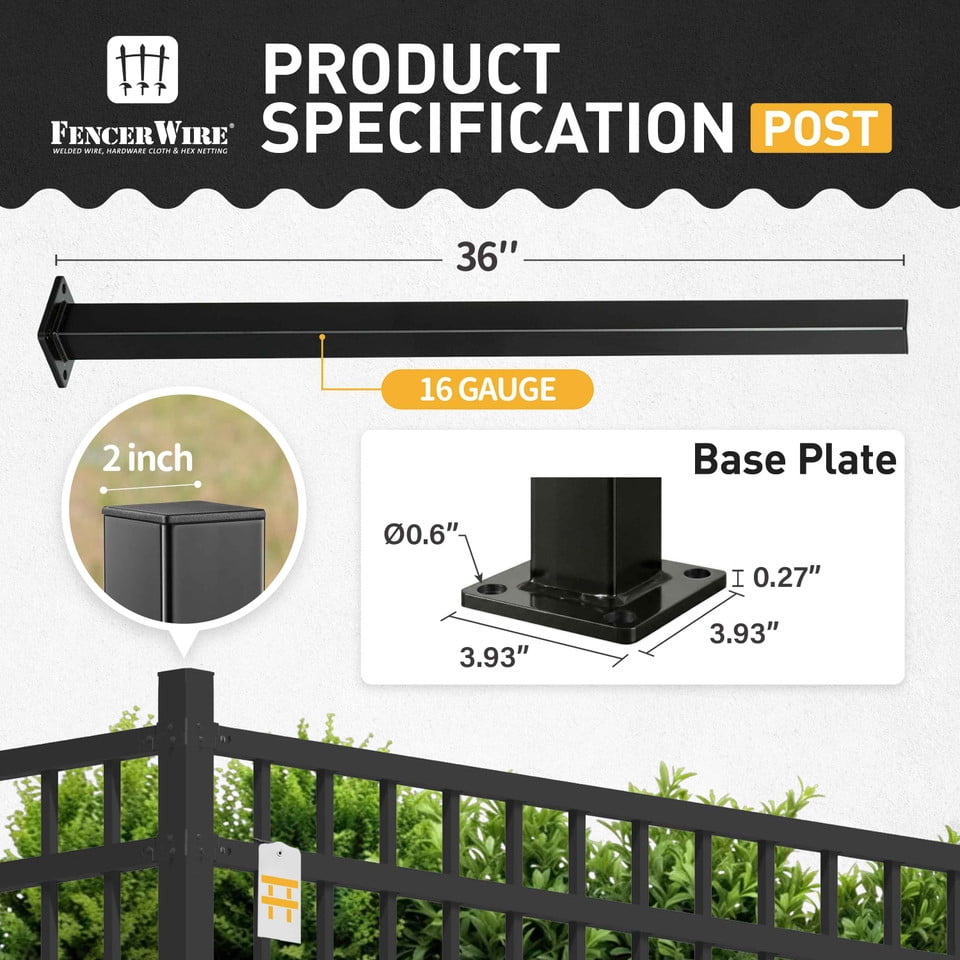 Fencer Wire 3 FT Metal Fence Post with Flange, Heavy Duty 16 Gauge Outdoor Patio Steel Fencing Border Post with Base Plate and Cap, Anti-Rust 2” Diameter Decorative Garden Flange Post, Pack of 5