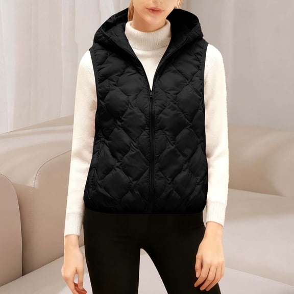 ClodeEU Womens Puffer Hooded Vest , Lightweight Winter Sleeveless Jackets, Quilted Zip Up Stand Collar Padded Outerwear Vests Black,Womens Plus S
