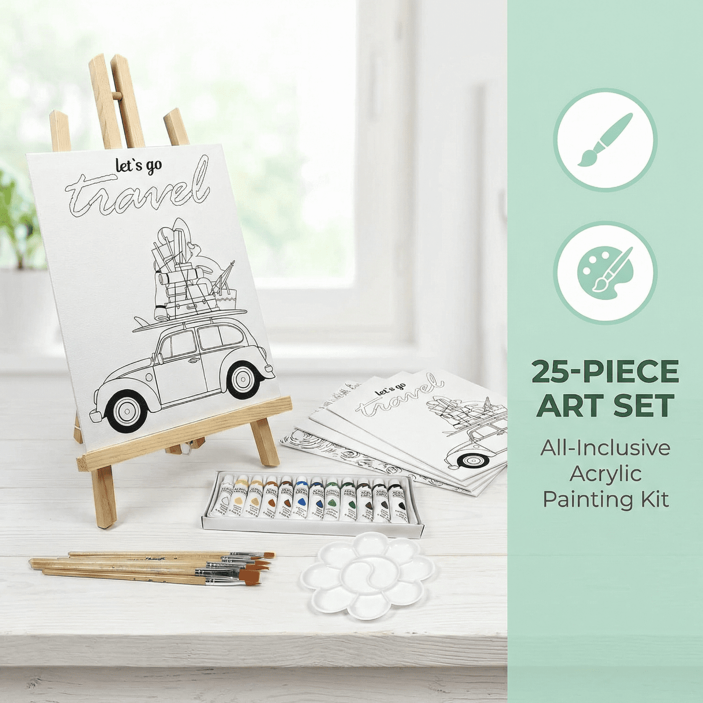Bibana 25 Pieces Tabletop Wood Easel Set, Painting Easel Stand, Coloring Canvas, Acrylic Paint Set, Paintbrush, Art Supplies