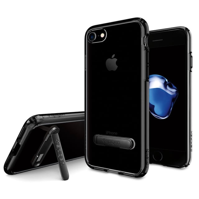 funda ultra hybrid tm-2 spigen para iphone 7 | 8 | se 2020 jett black protector transparente con borde negro mate y perfil delgado; composición muestra vista frontal y posterior, recorte para cámara y botones y soporte plegable integrado; fondo blanco, no incluye equipo. Suele usarse como soporte compacto para ver contenido en modo manos libres.