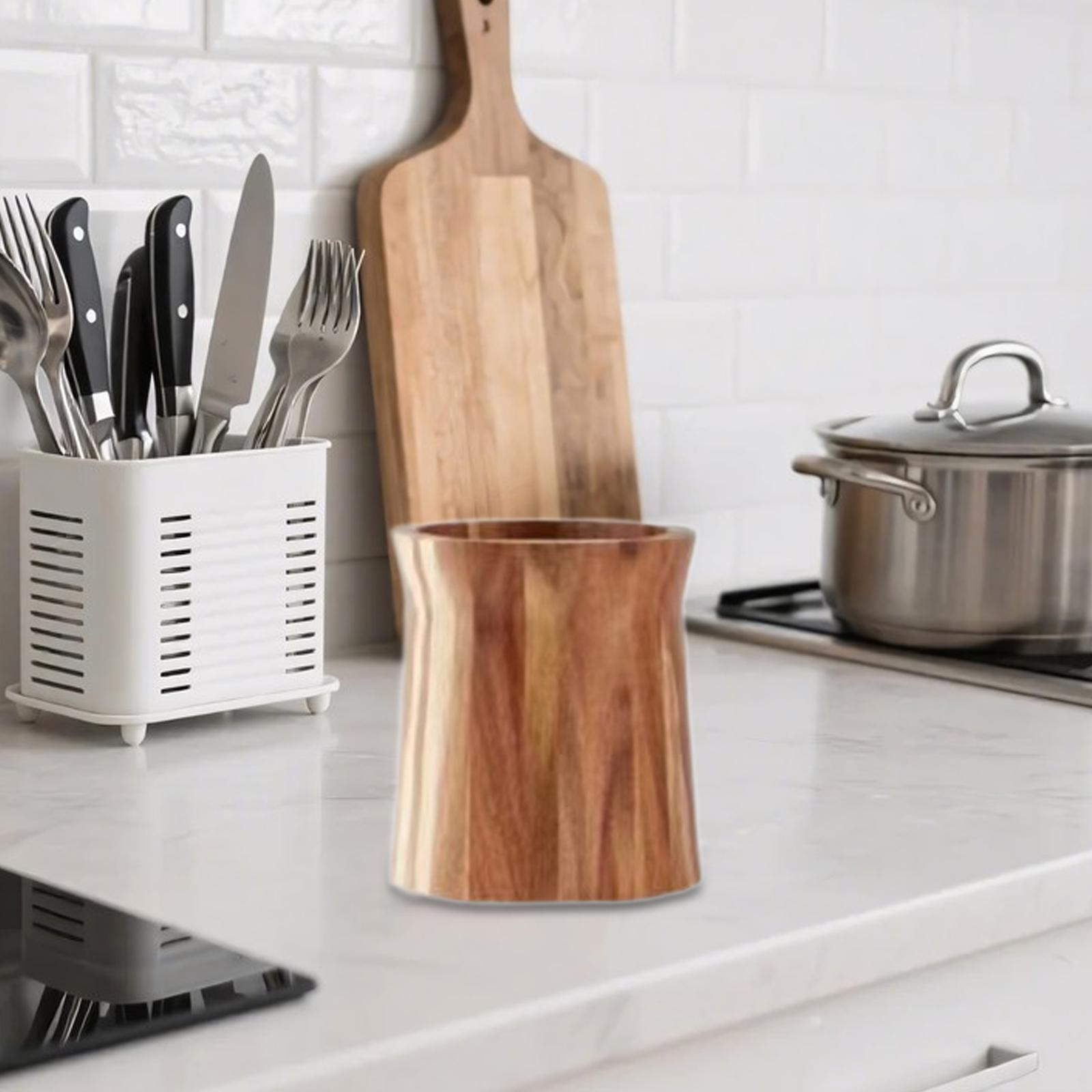 Acacia Wood Crock Rotating Utensil Organizer Countertop Holder Large Capacity for Kitchen Dining Table Parties