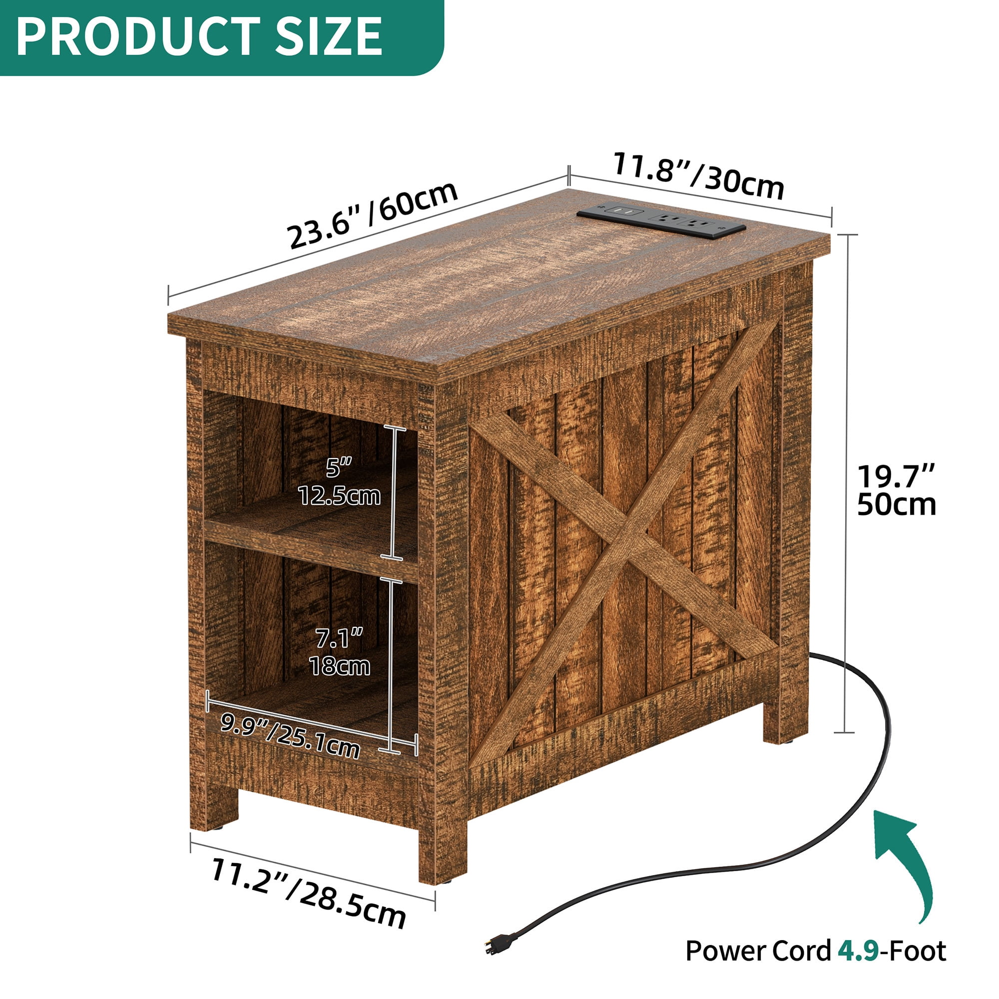 Uforic End Table with Charging Station, Farmhouse Nightstad Side Table, Brown