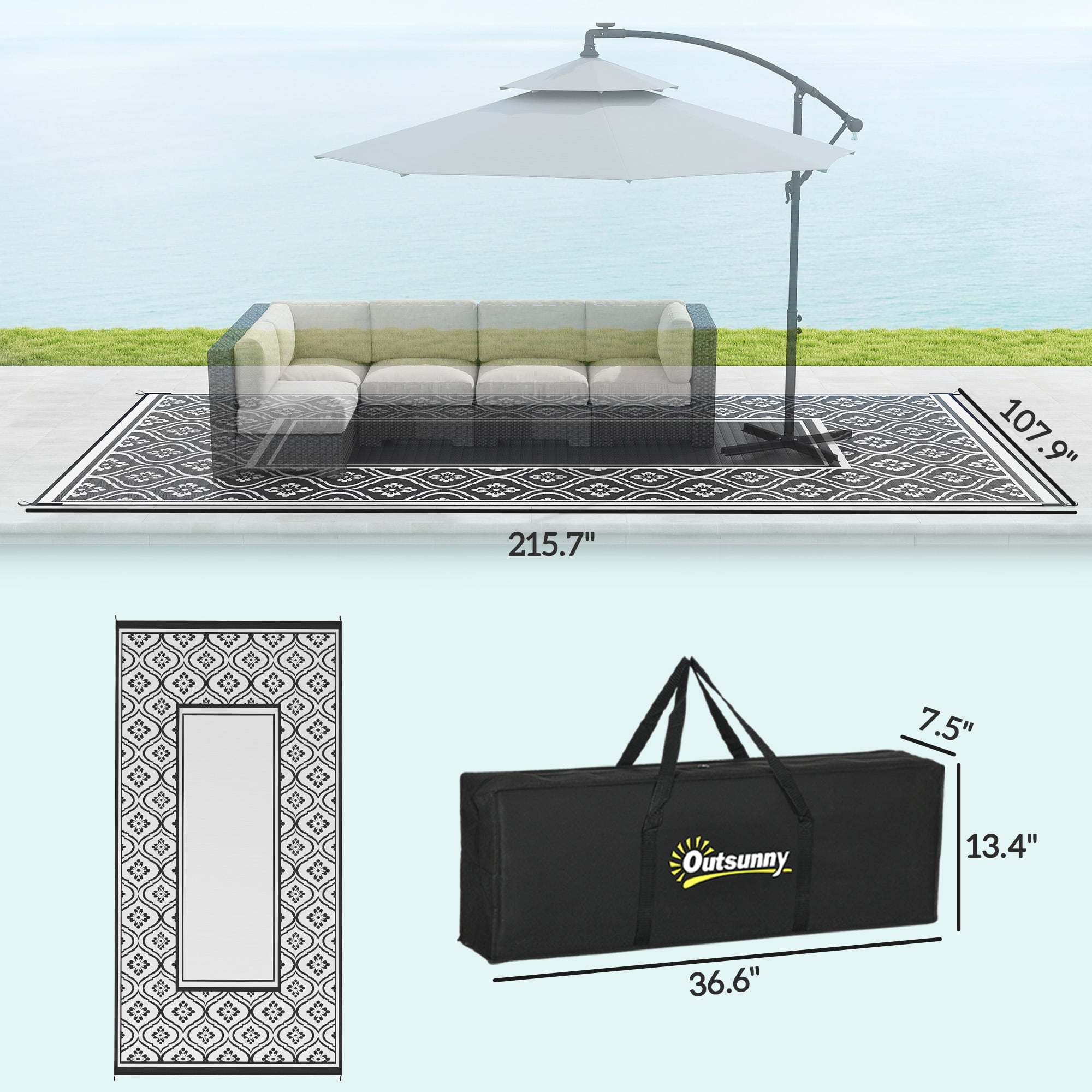 Outsunny Outdoor Patio Rug, Large Camping Carpet with Carrying Bag, 9' x 18' Waterproof Plastic Straw, Reversible, Black & White Gourd Border