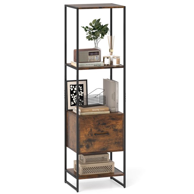 Costway 5-Tier Bookshelf with 4 Open Shelves Storage Drawer Modern Book Storage Organizer Brown