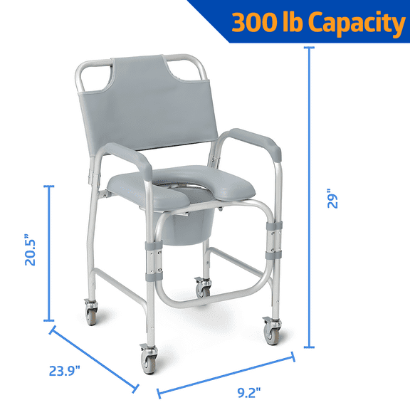 Medline Aluminum Padded Shower Chair Commode with 4 Locking Casters, 300 lbs. Weight Capacity