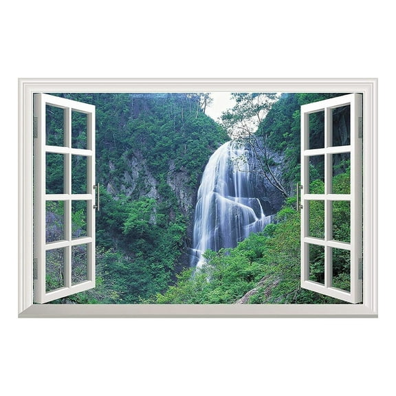 wall26 Grand Waterfall Green Mountain Open Window Mural Wall Sticker - 24"x32"
