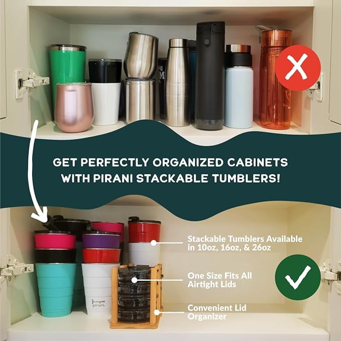 Pirani 26oz Insulated Stackable Tumbler - Skinny-Wall Triple Vacuum Insulation Cup with Custom Fit Air-Tight Lid - Space Saving Design - Kraken Black
