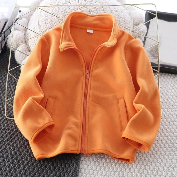 Children's Solid Color Fuzzy Fleece Jackets Stand Collar Long Sleeved Zipper Sports Jacket Kids Casual Warm Loungewear Coats with Pockets Orange 7Y