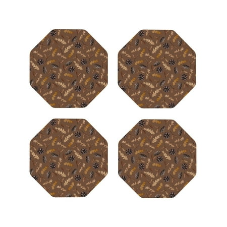 

KLL Drink Coasters Set Octagon of 4 PU Leather Absorbent Coasters Set Decorative Coffee Cup Coasters Housewarming Gift for Home Decor-Autumn Pinecone Plants