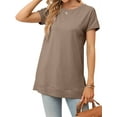 thumbnail image 5 of Women's Round Neck Solid Color T-Shirt Side Slit Casual Short-Sleeved Summer Sports Tunic Top, 5 of 6