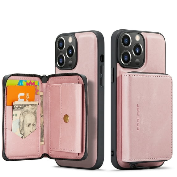 ELEHOLD iPhone 14 Pro Luxury Wallet Case PU Leather Purse Case with Detachable Card Slots Zipper Pocket Kickstand Function Shockproof Case,6.1 inch, Pink