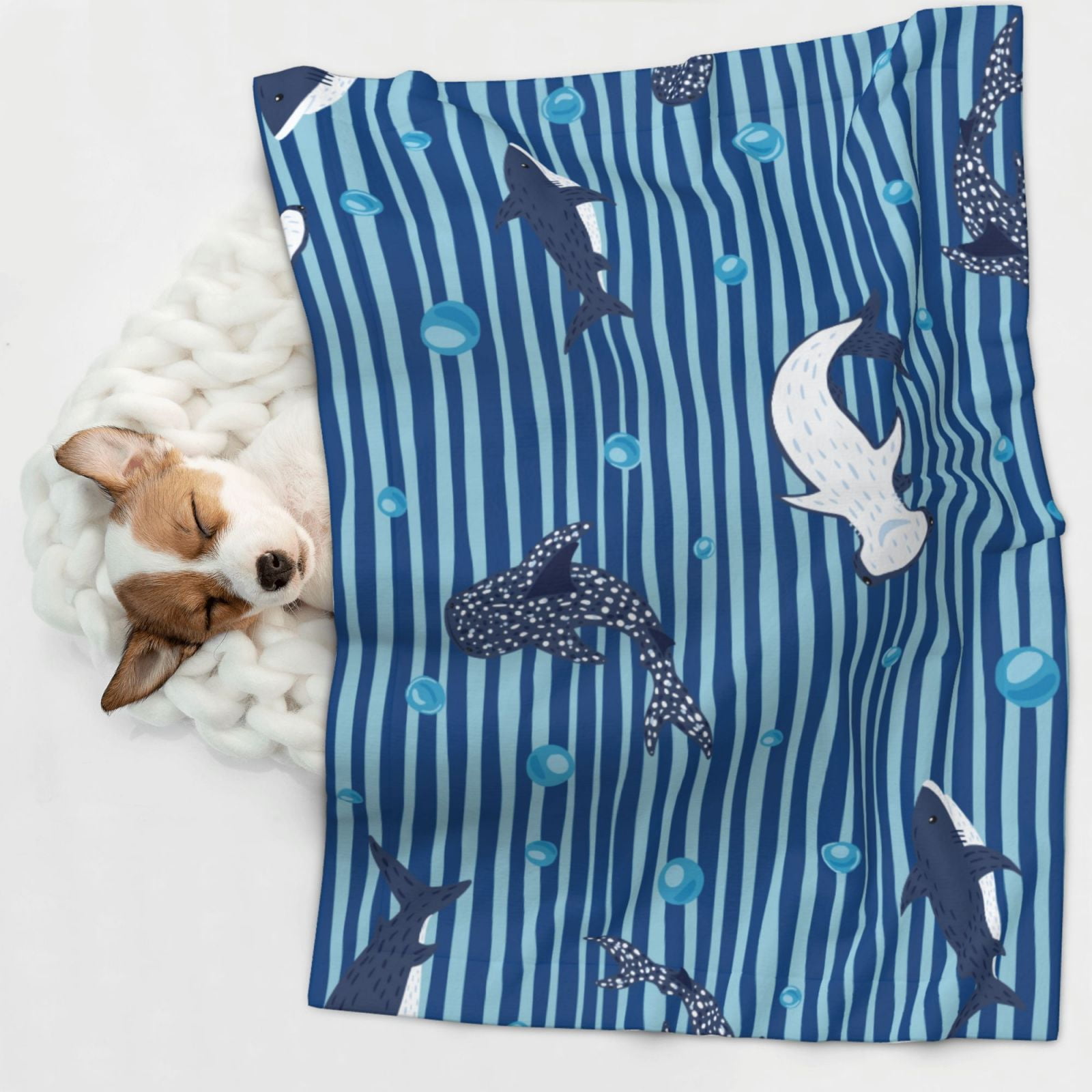 Naloa Sharks on White Blue Striped Dog Blanket, 3 Sizes Cat Blanket for Indoor Cats Large Medium Small Dog Gifts-Large