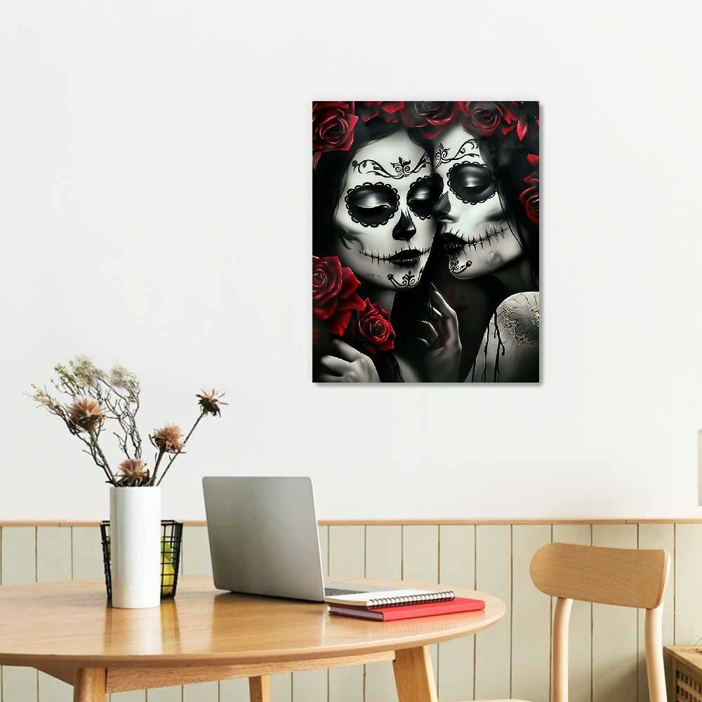 COMIO Sugar Skull Couple And Roses Canvas Wall Art Modern Poster Print Paintings Wall Decor Pictures for Living Room