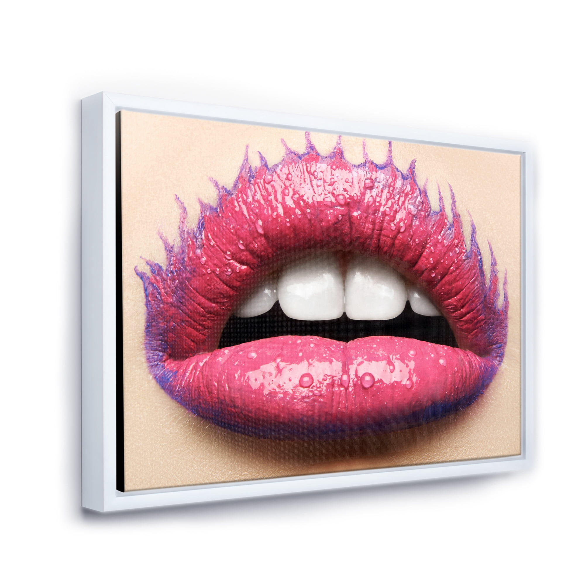 Designart 'Beautiful Woman Lips With Pink Lipstick' Modern Framed Canvas Wall Art Print
