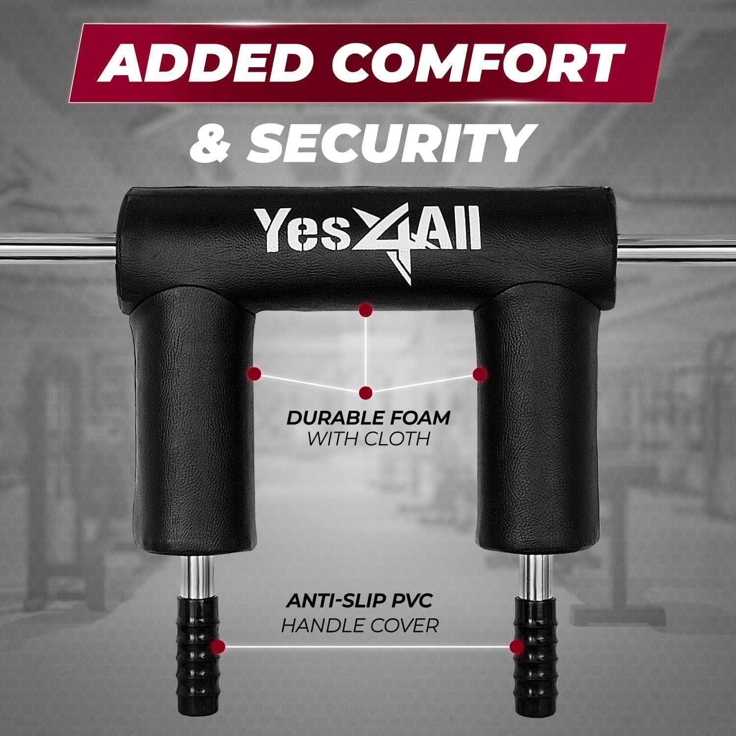 Yes4All Anti-Slip Squat Bar Attachment 1000LB, Squat Olympic Bar & Bar Pad with Comfortable Neck and Shoulder Pads, Extra Handle for Free Weights Strength Training, and Body Building, Alloy Steel