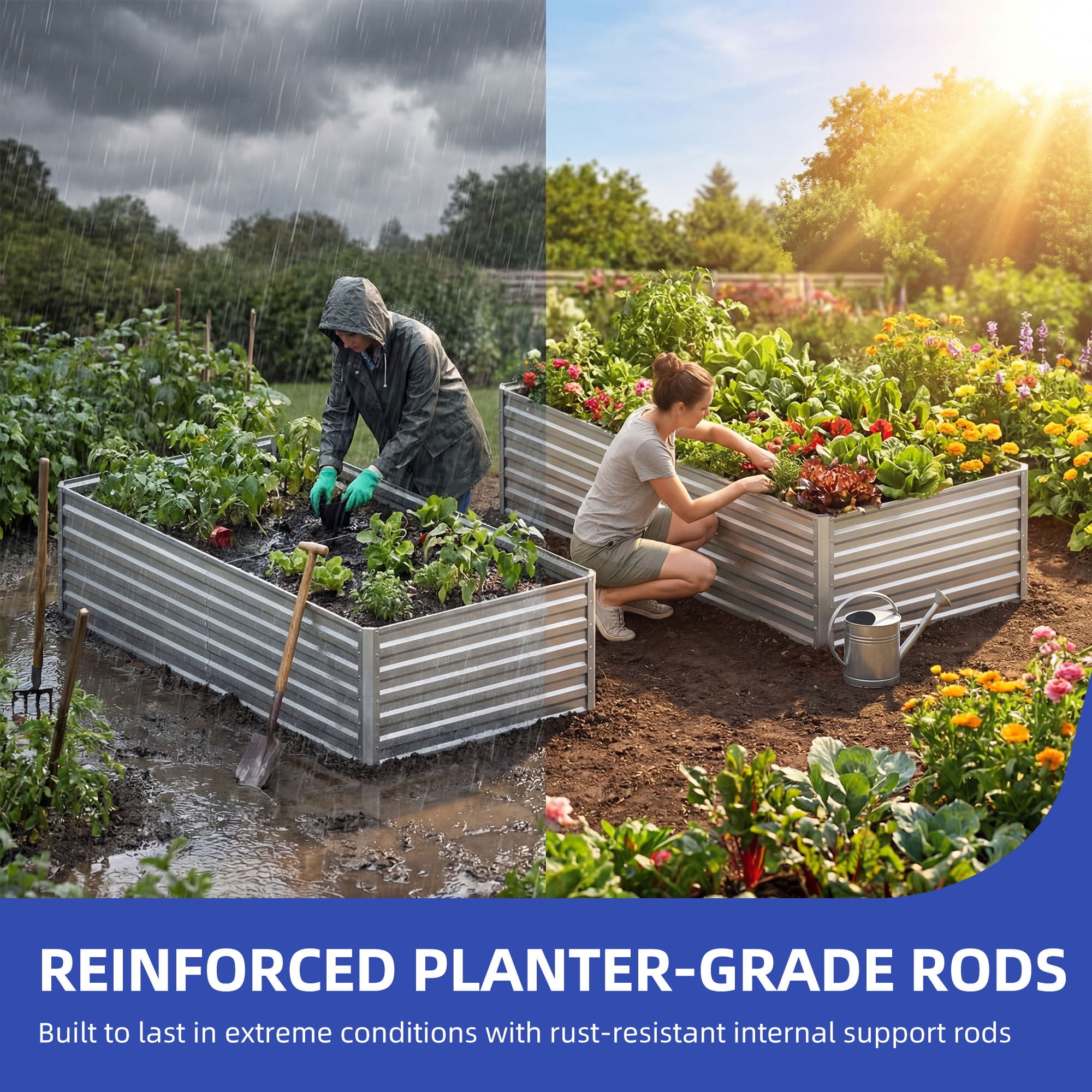 Uforic 2PCS 6X3X2FT Galvanized Metal Raised Garden Bed Kit with Gardening Gloves, Ground Nails & Support Rod, Outdoor Above Ground Planter Box for Plants Vegetables Flowers, Silver
