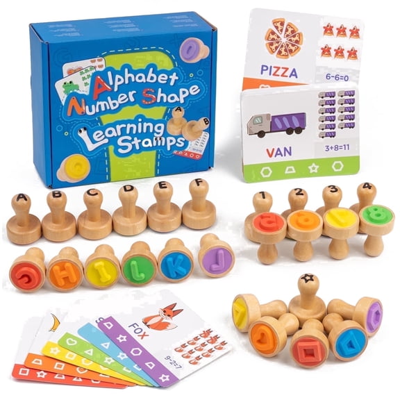BUSY EDITION Letter Stamps for Kids, 71-Piece Wooden Alphabet and Number Stamp Set with Flashcard Learning Cards Ages 3-6