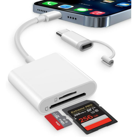 SD Card Reader for iPhone iPad Mac, USB C & Lightning Dual Connector Digital Camera Adapter to iPhone, SD Card Adapter Memory Card Reader for SD/TF/Sim Card, Plug & Play, Camera Accessories