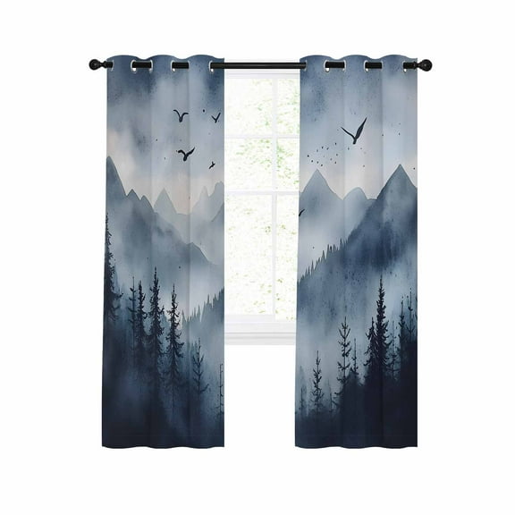 Blue Mountain Peak Blackout Curtains 54 Inches Long for Bedroom, Forest Tree Bird Fog Landscape Thermal Insulated Room Darkening Black Out Window Curtain Panels Grommet Drapes for Living Room