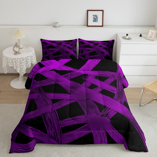 Erosebridal Contemporary Black Purple Bedding Queen Comforter Set, Geometric Stripe Line Down Comforter, Abstract Decor Breathable 3 Pieces
