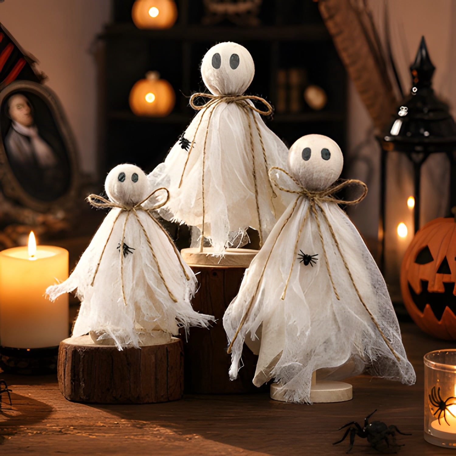 3 Pcs Halloween Decorations Indoor Primitive Halloween Ghost on Wooden Stand Spooky Ghost Tiered Tray Decor Rustic Table Centerpiece for Home Office Mantel Shelf Party Supplies(Beige)