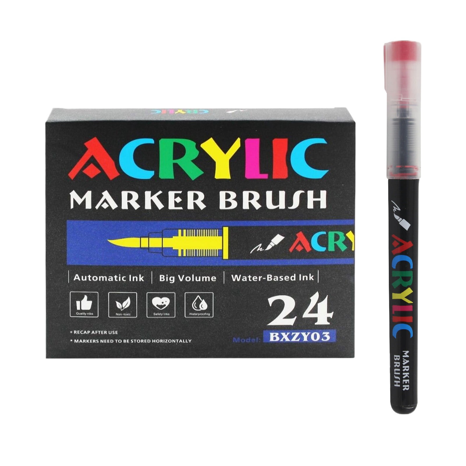 Solivara Soft Brush Tip Acrylic Paint Markers Quick Drying For Canvas Rock Wood Glass Ceramic Diy (Black,One Size)