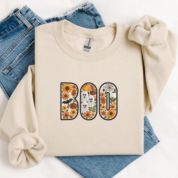 Boo Embroidery Floral Halloween Letters with Ghosts, Pumpkins and Fall Flowers, Sweatshirt