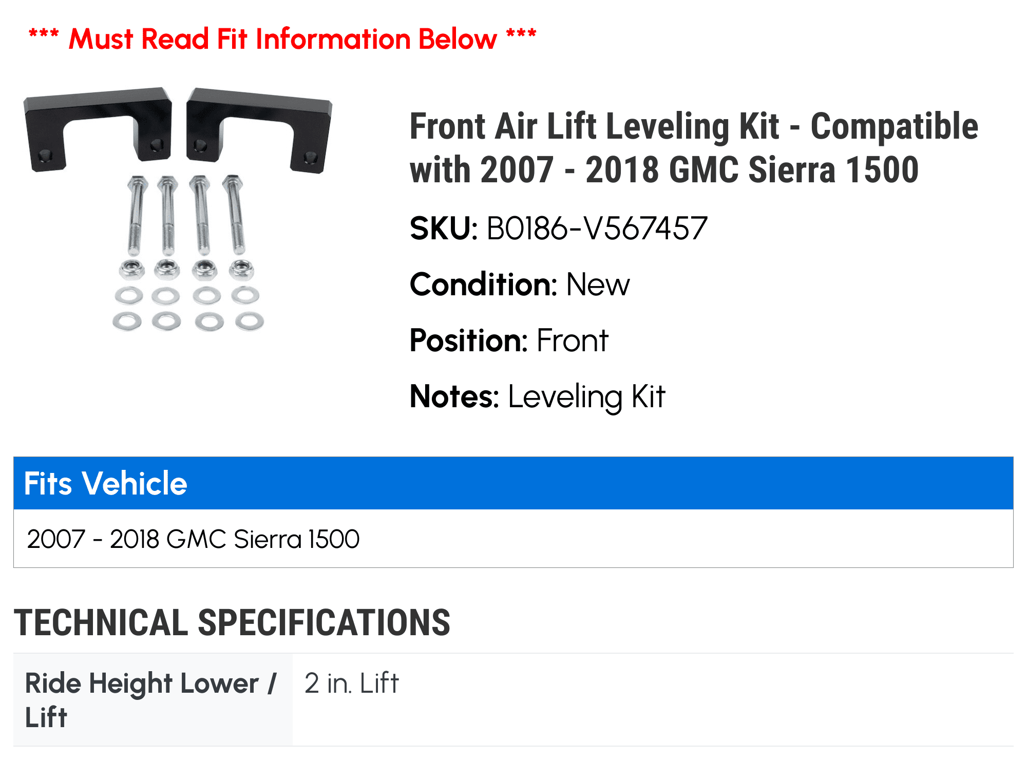 Front Air Lift Leveling Kit - Compatible with 2007 - 2018 GMC Sierra 1500 2008 2009 2010 2011 2012 2013 2014 2015 2016 2017