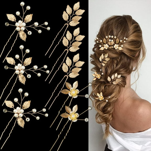 8PCS Gold Leaf Wedding Hair Pins Bridal Headpiece with Pearls Crystal Wedding Hair Styling Pins Vintage Hair Accessories for Brides Bridesmaids and Flower Girls