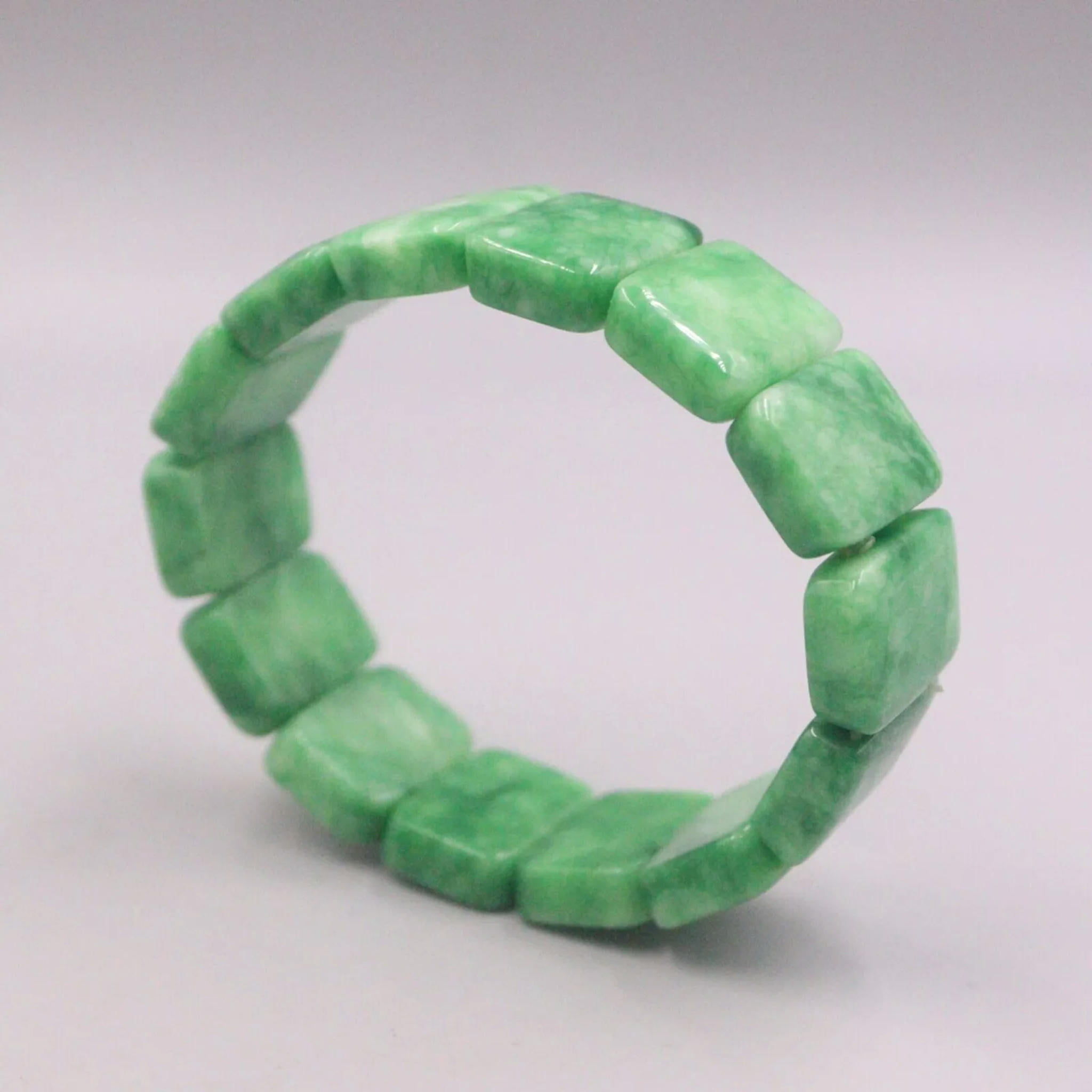 HOOUN Natural Jade Men Women Lucky Green Long Square 20mm W Beaded Elastic Bracelet