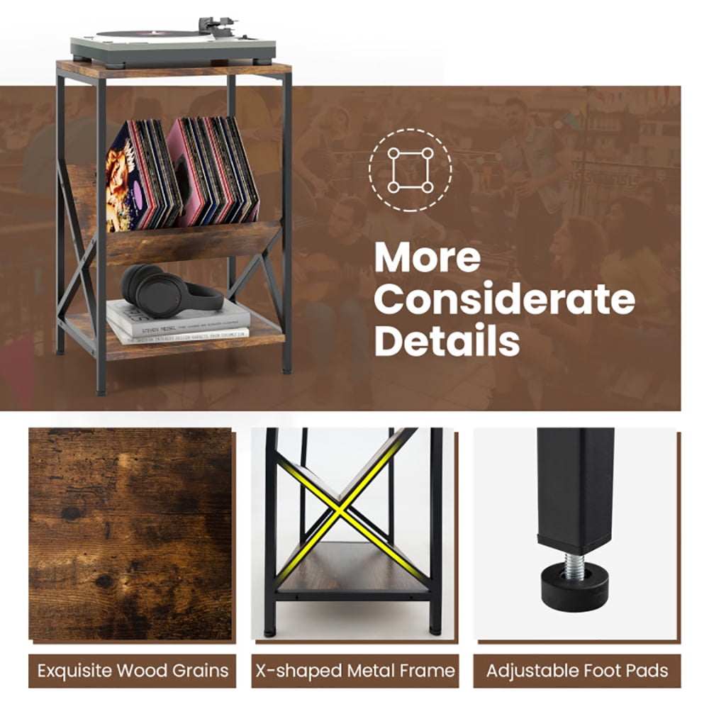 Finihen End Side Table, 3-Tier Industrial Side Table with V-shaped Bookshelf, Bed Side Tables, for Living Room, Bedroom, Rustic Brown Finihen End Side Table, 3-Tier Industrial Side Table with V-shaped Bookshelf, Bed Side Tables, for Living Room, Bedroom, Rustic Brown