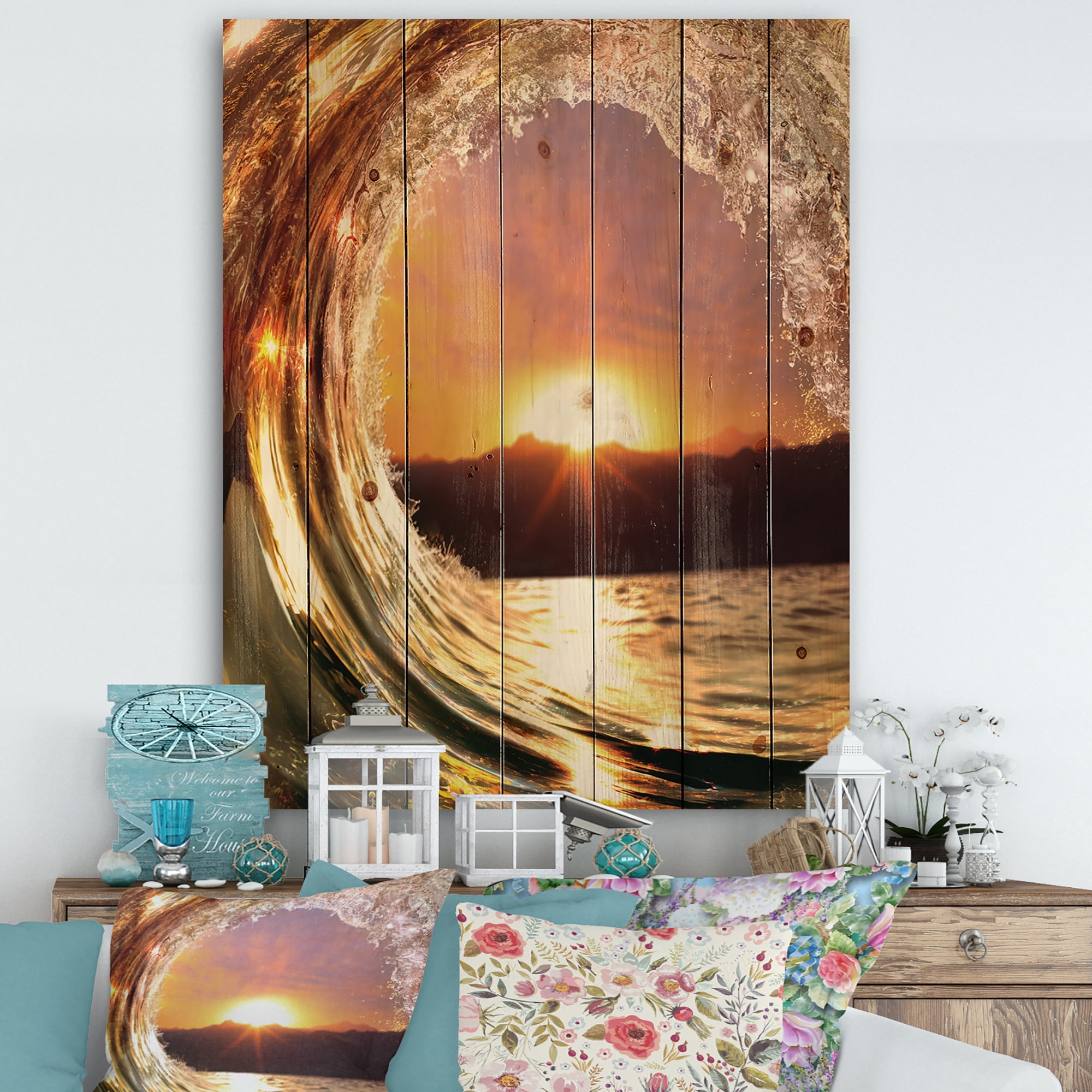 Designart 'Colored Ocean Waves Falling Down At Sunset VIII' Modern Seashore Print on Natural Pine Wood