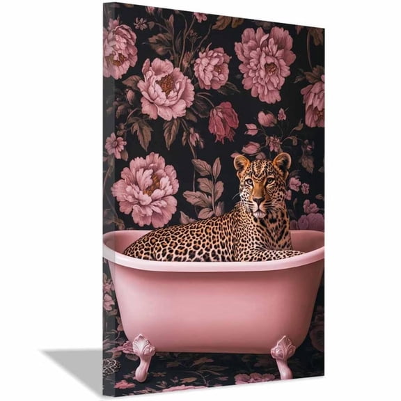 Mudket Framed Leopard in Pink Bathtub Canvas Wall Art, Floral Bathroom Wall Decor, Cute Trendy Art Ready to Hang - 12"L x 8"W