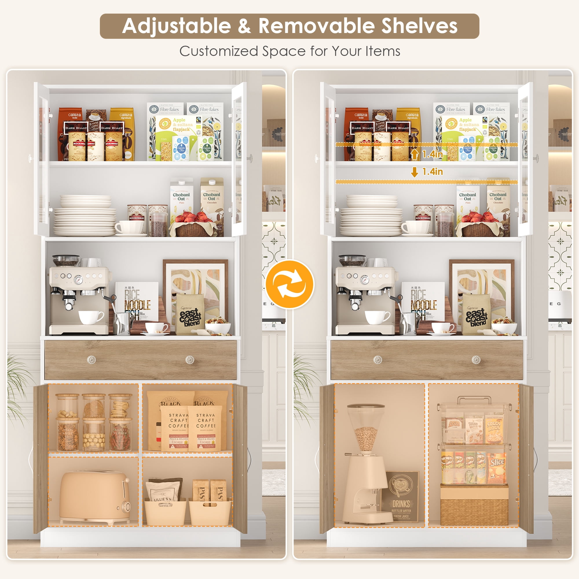 Homfa 71'' Kitchen Pantry Cabinet with Microwave Shelf & Drawer, 4 Doors Pantry Storage Cabinet with Adjustable Shelves for Dining Room, White+ Khaki