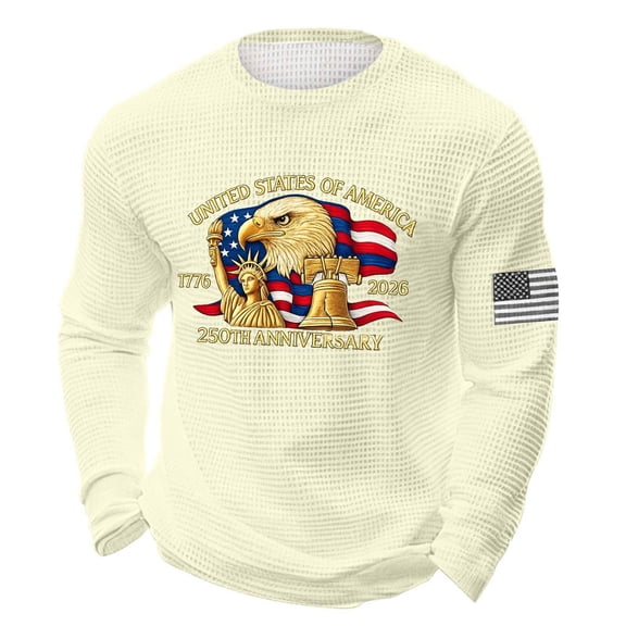 Fourth of July Shirts for Men 1776-2026 250th Anniversary Sweatshirt Patriotic Long Sleeve Shirts Waffle Crewneck Pullover Lightweight