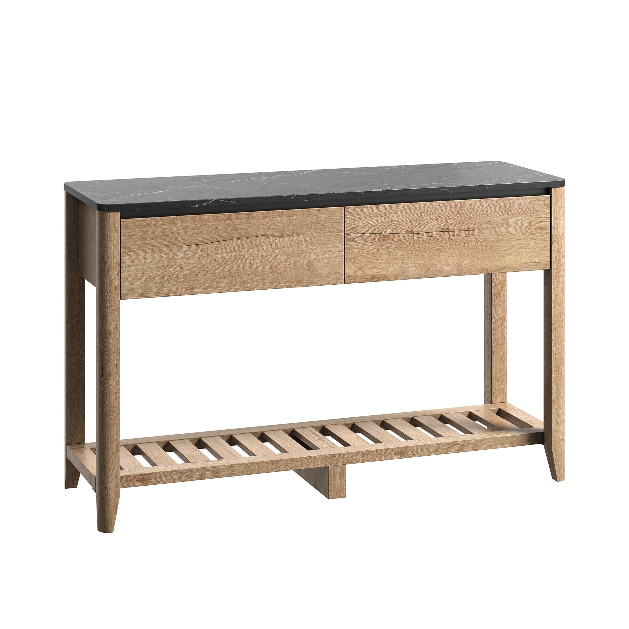 Kepooman Farmhouse Double Drawers Console Table for Living Room or Entryway, Tobacco Wood and Black Marble Texture Kepooman Farmhouse Double Drawers Console Table for Living Room or Entryway, Tobacco Wood and Black Marble Texture