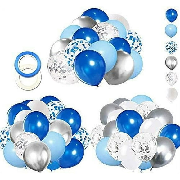 62pcs Bleu Argent Blanc Kit de Ballons de Confettis, 12 Pouces Blanc Ballons Bleus Royaux Ballons Métalliques Argent Bleu Ruban Ballons de Confettis