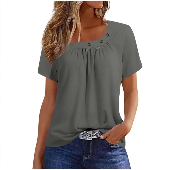 Timegard Short Sleeve Tops for Women Summer Square Neck Button Ruched Dressy Casual Tunic Top Blouse