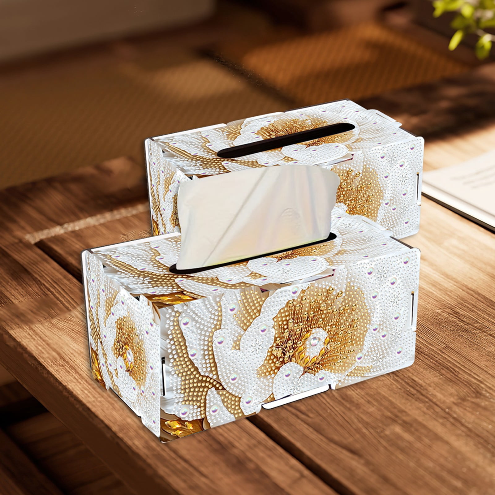 FLOPESN DIY Diamond Art Painting Flower Tissue Box – Wooden Storage Box with Crystal & Pearl Diamonds, Decor Craft Kit for Bedroom, Living Room (8.86 x 5.31 x 4.13 in)