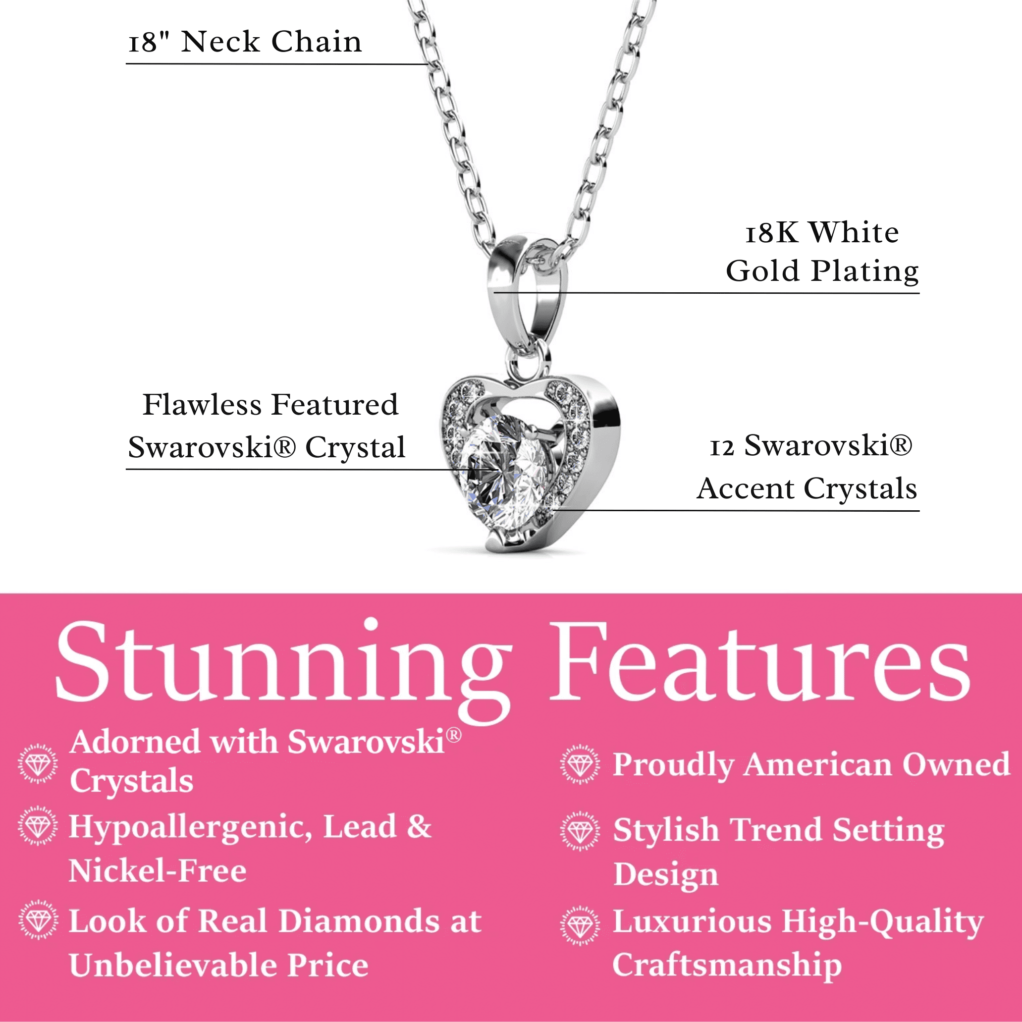 Cate & Chloe Amberly 18k White Gold Plated Heart Pendant Necklace with Swarovski Crystals for Women