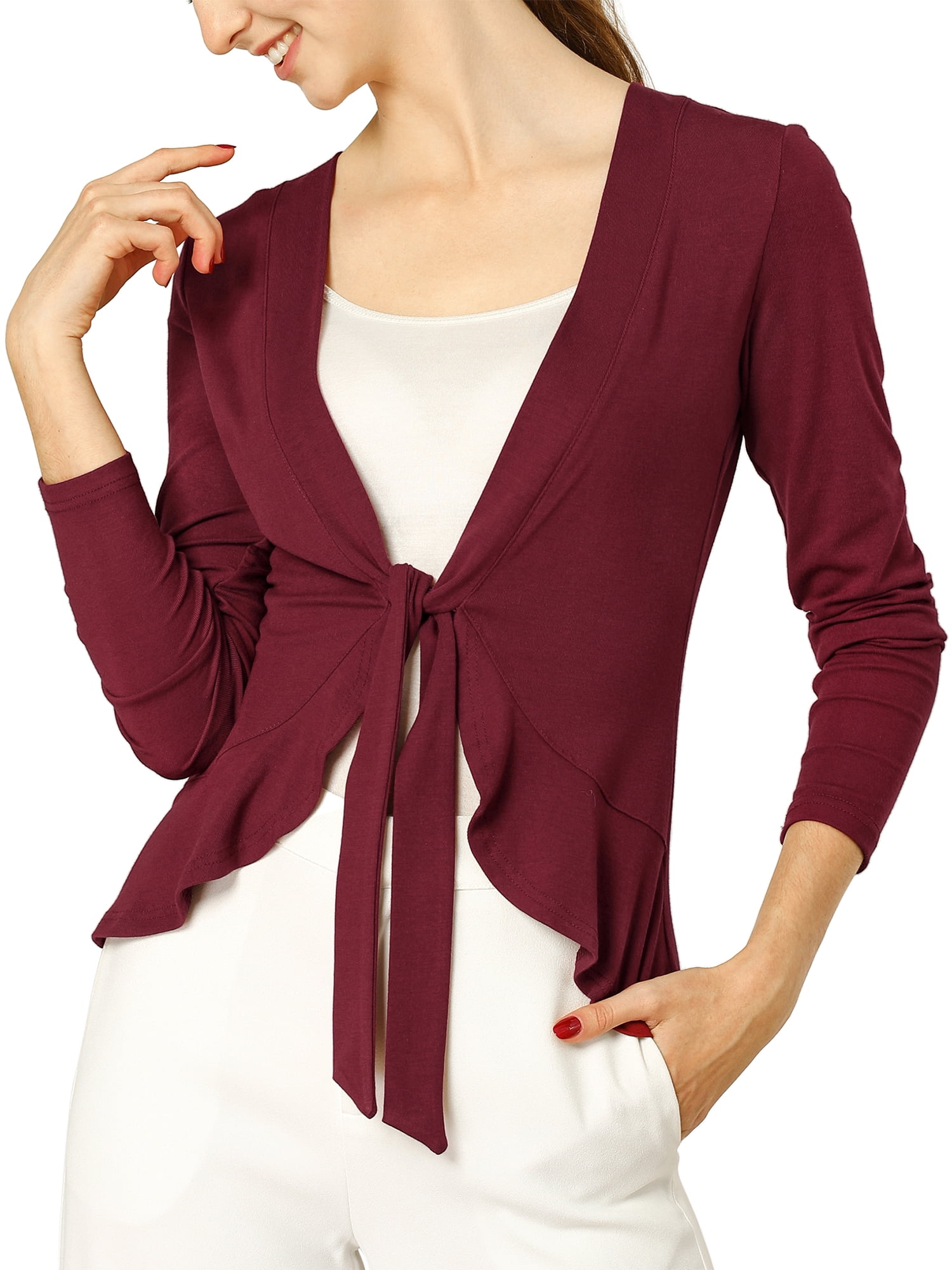 DARING DIVA Women's Tie Front Ruffled Hem Crop Knit Cardigan M Burgundy